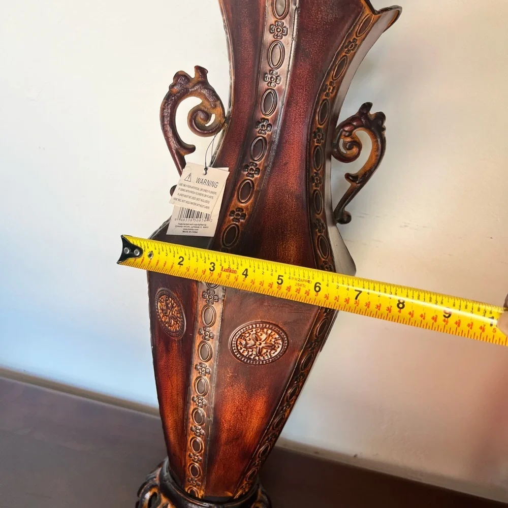 Antique-Style Metal Brown Embossed Decorative Floor Vase with Handles 18” tall